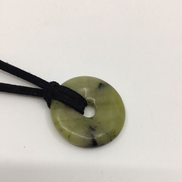 Olive Jade Disc Necklace on Black Suede Cord with silver tone hardware - Picture 6 of 16
